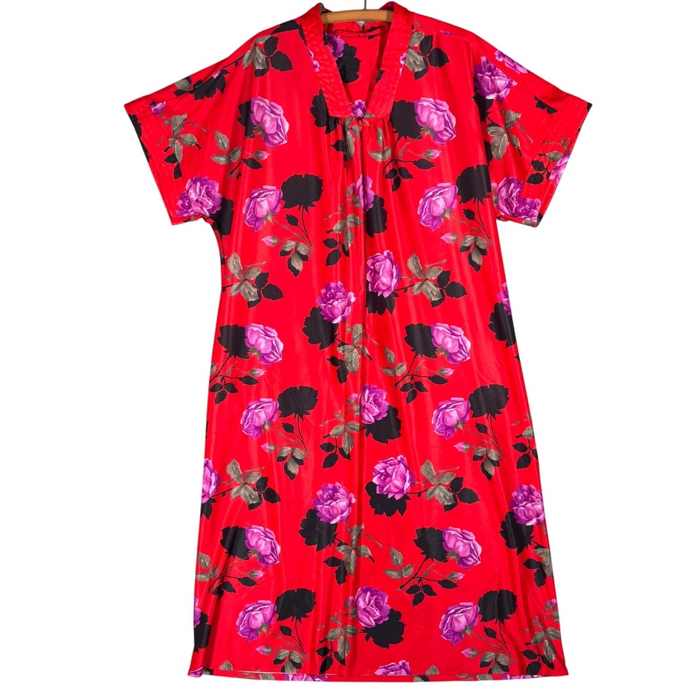 Vintage Granada Lounge Dress One Size Red Floral Roses Nightgown Robe MuuMuu USA